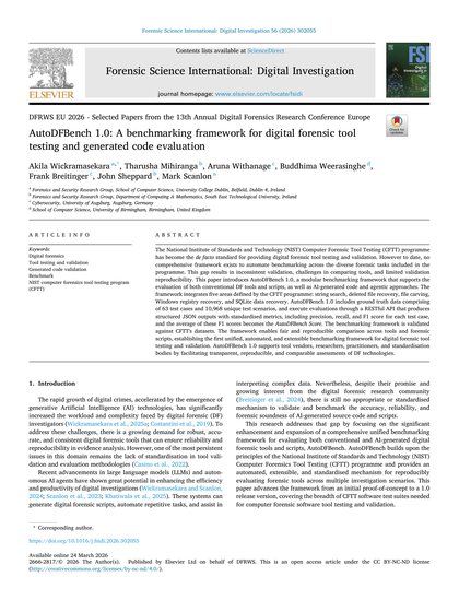 First-page preview of AutoDFBench 1.0: A benchmarking framework for digital forensic tool testing and generated code evaluation
