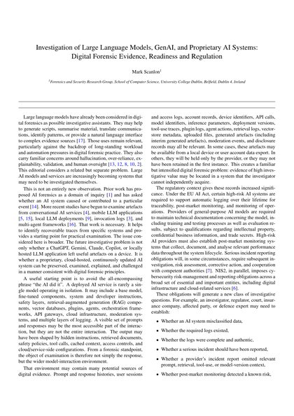 First-page preview of Investigation of large language models, GenAI, and proprietary AI systems: Digital forensic evidence, readiness and regulation