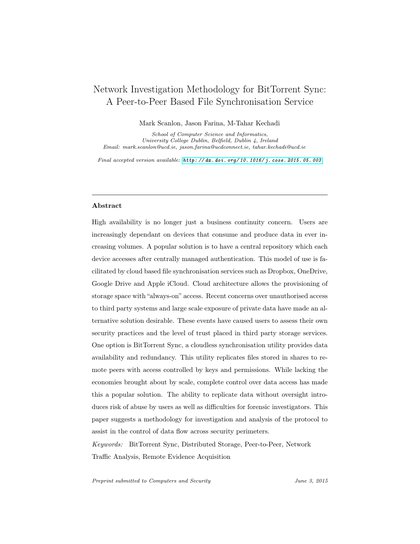 First-page preview of Network Investigation Methodology for BitTorrent Sync: A Peer-to-Peer Based File Synchronisation Service